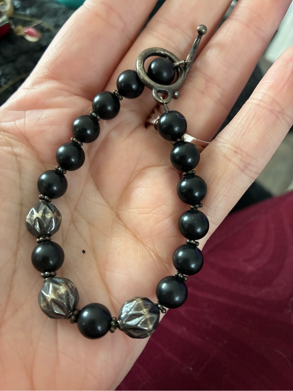 Unique Vintage Black Beaded Bracelet with Silver Accents